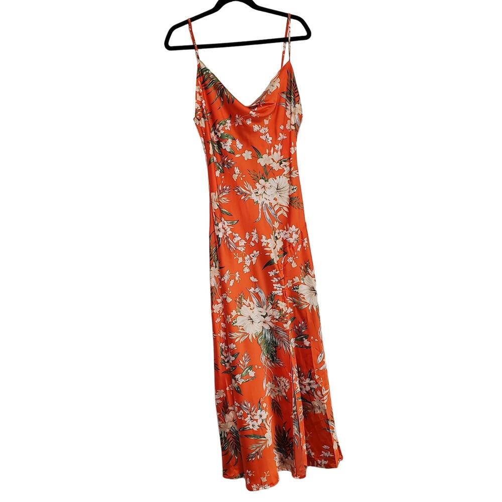 Paper Heart Silky Maxi Dress M Orange Floral Cowl Neck High Slit Garden Party